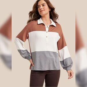 Maurices Rugby Shirt - Size Large, Brown/Cream/Gray